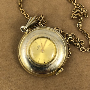 Vintage Bucherer 17 Jewel Enamel Gold-Tone Pendant Watch Wind Up in Running Condition Flower Bouquet Floral Enamel on Reverse