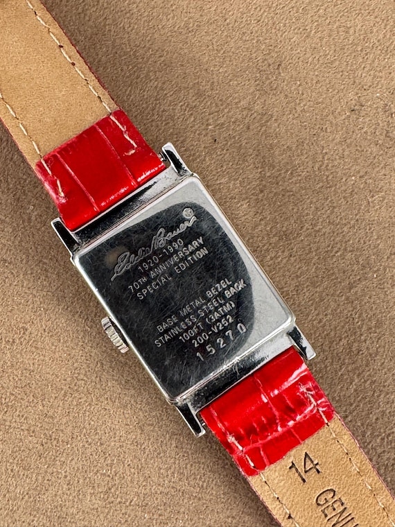 Vintage Eddie Bauer 70th Anniversary Tank Watch: Silver Tone, Red