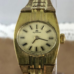 Vintage 1950&#39;s Bucherer 17 Jewels Ladies Wrist Watch Gold Plated, Oval Shape Sculpured  Link Bracelet