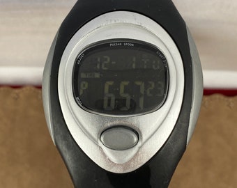 Vintage Pulsar Spoon Watch: Black & Silver Digital Chronograph