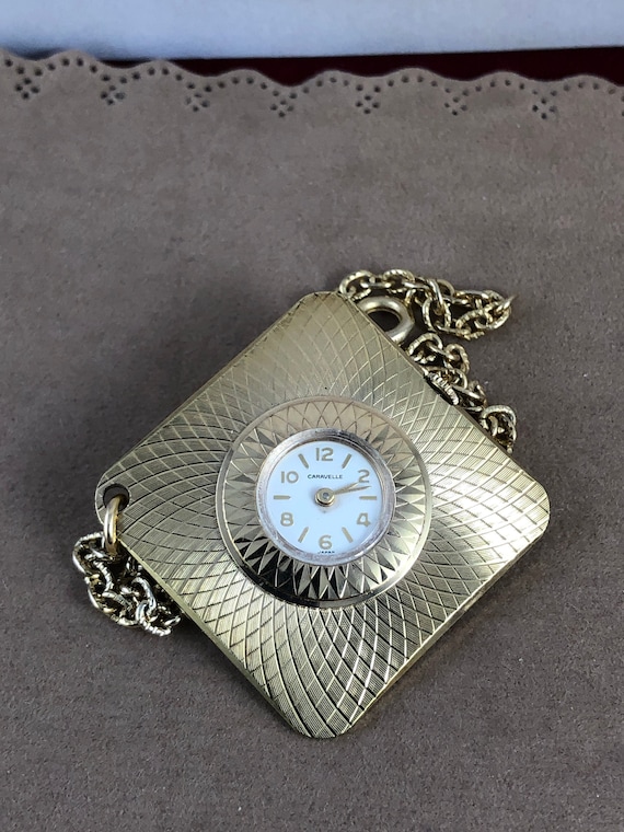 Vintage Caravelle 7 Jewel Gold Tone Pendant Watch Diamond Shaped