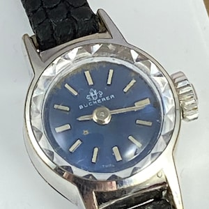 Vintage 1950's Bucherer 17 Jewel Watch with Hand Wind Mechanical Swiss Movement Blue Round Face Watch Brushed Silver