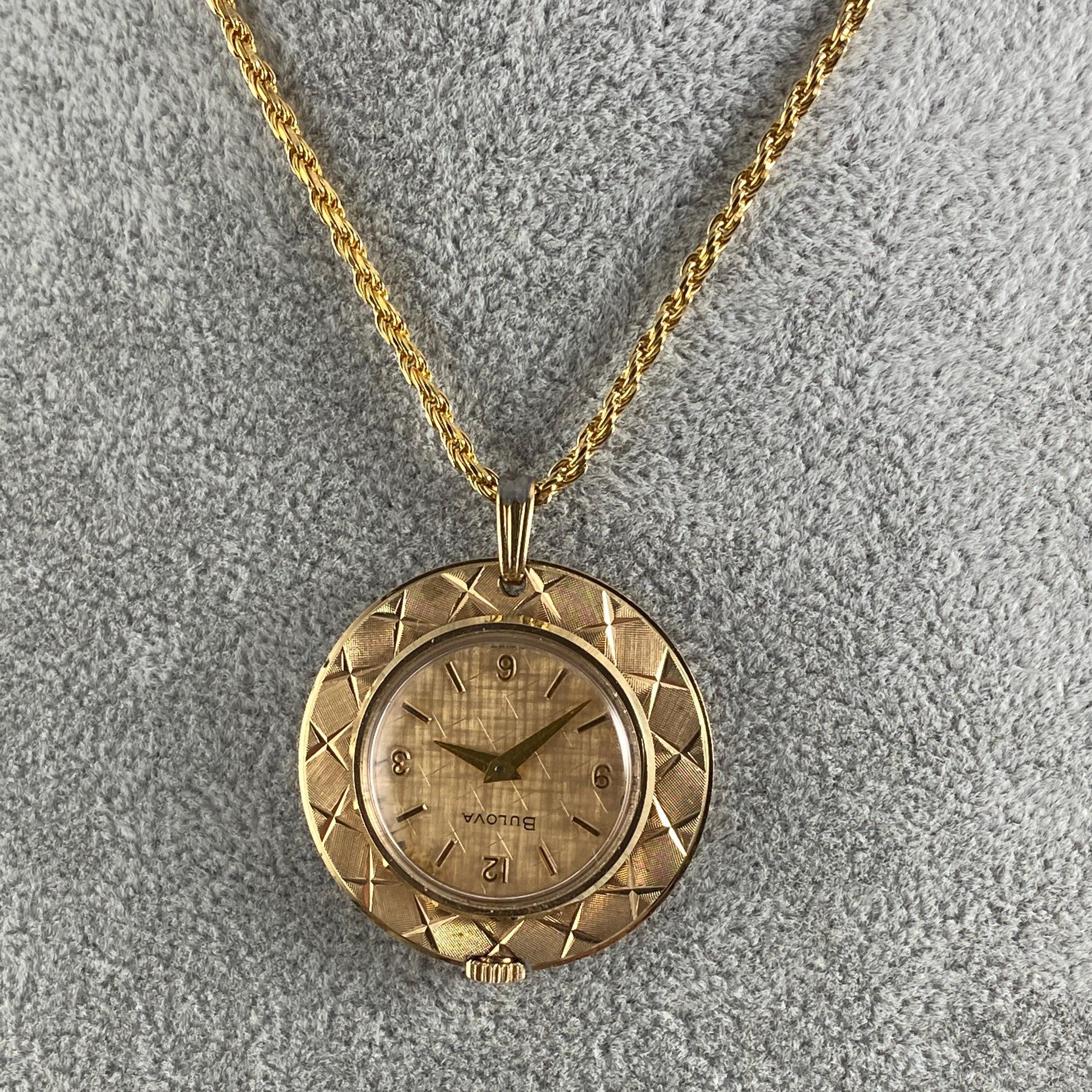Vintage Bulova Pendant Watch Necklace: Gold Plated Brocade, Sterling Silver Chain