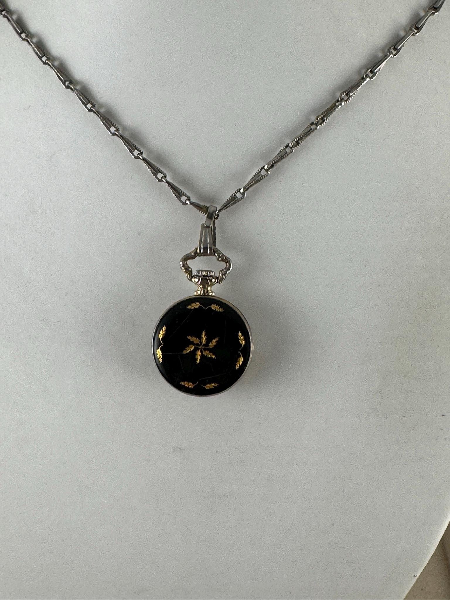 Rare Vintage Atlanta Geneve Black Enamel Pendant mechanical Watch black-pocket-watch-mens-fob.  main image 2