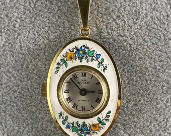 Vintage Swiss Made Buler Watch with Hand Painted Flowers on White Enamel keeps Time Runs with 2mm 22karat Vermeil 925 Italian chain