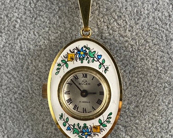 Vintage Swiss Buler Watch: Hand-Painted Floral Enamel, Vermeil Chain