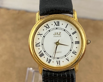 Vintage Jaz Paris Watch: Gold Plated, Roman Numerals, Lizard Strap