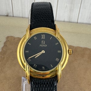 Vintage Fendi 18K Gold Plated 10 Microns 300G Watch Black Enamel Dial Gold Hands with raised Roman Numerals with box