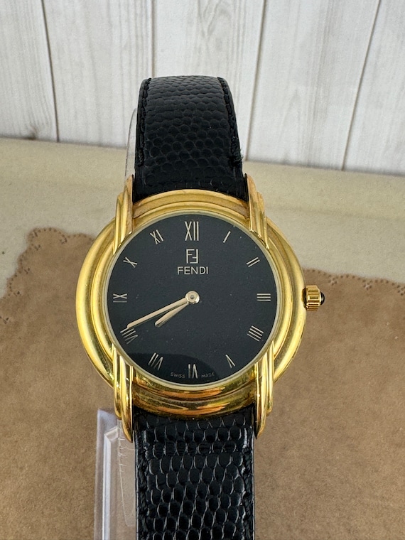 Vintage Fendi 18K Gold Plated 10 Microns 300G Watch Black Enamel Dial Gold  Hands With Raised Roman Numerals With Box 