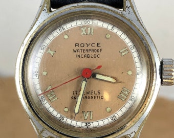 Vintage Royce Swiss Movement Gold and White Dial Face Black Accents Luminous  Hands 17 jewels Men's Wrist Watch Black Strap 9.5 inches