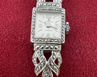 Orologio da polso vintage da donna Bucherer, anni '40, marcasite, argento europeo