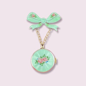 Vintage Chase Pin Watch working hand made Green Guilloche Enamel with Pink Roses