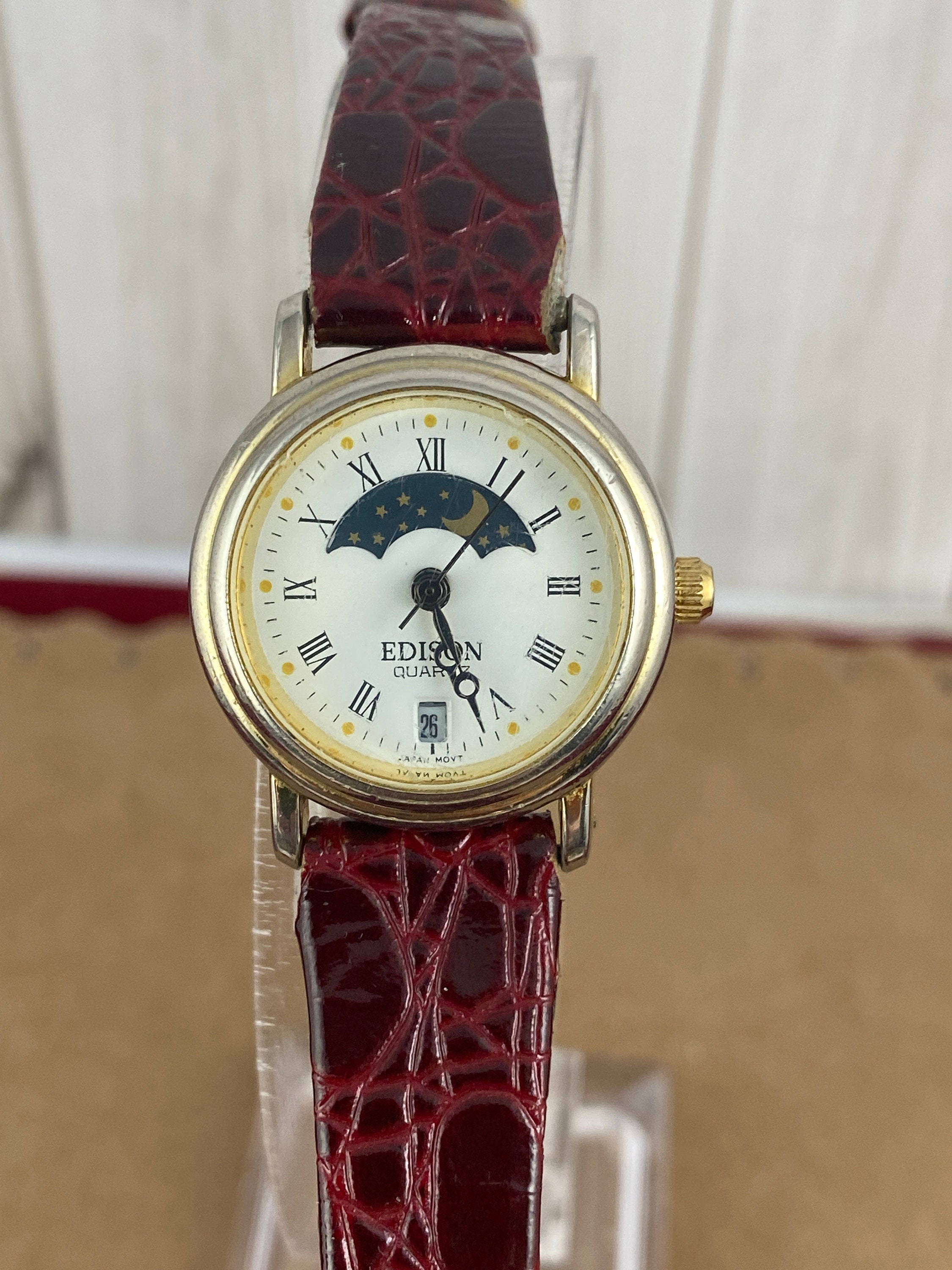 Vintage Edison Moon Phase Watch Gold Plated Mineral Crystal