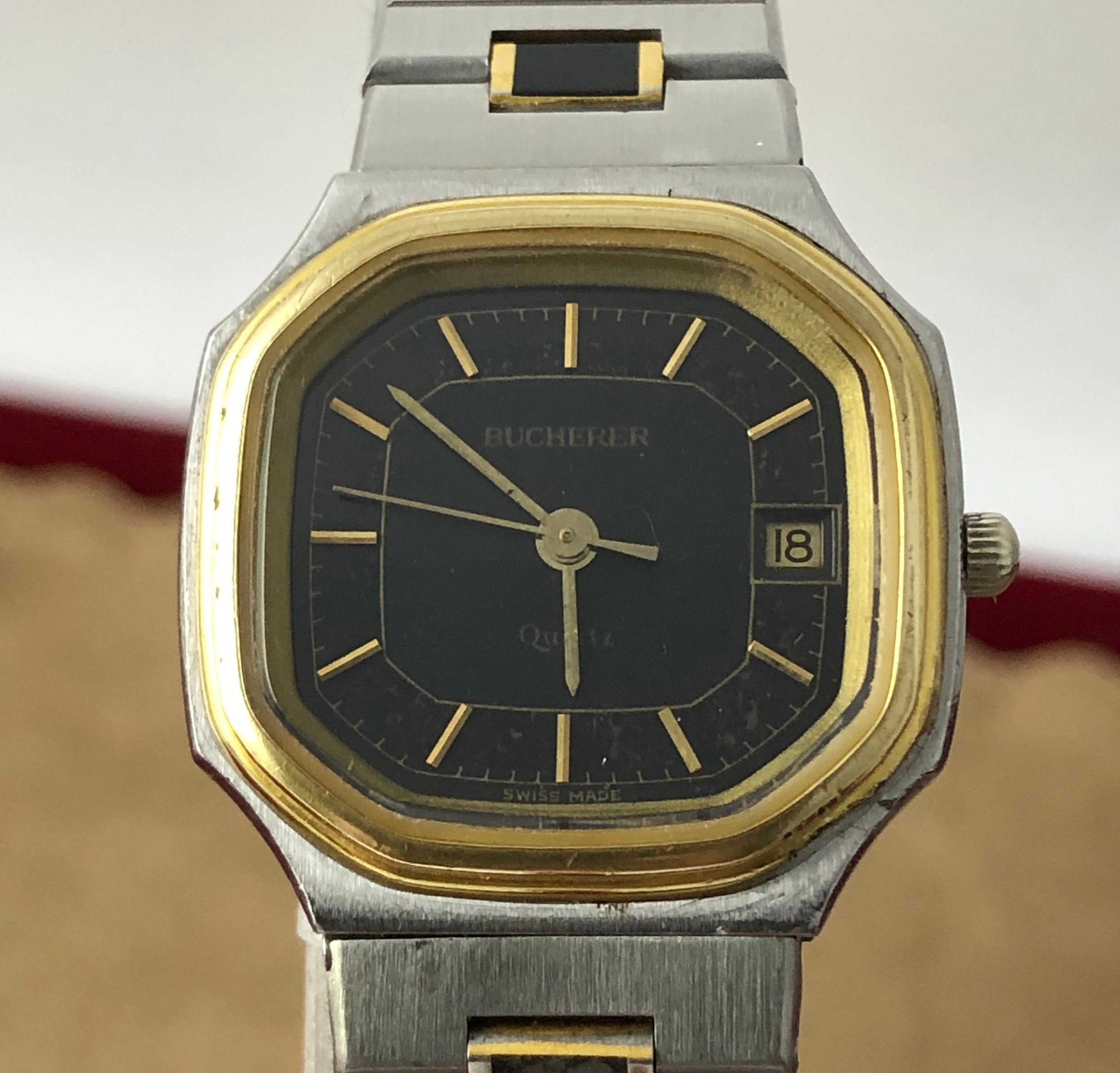 ビンテージ BUCHERER 石英 Vintage Bucherer Wrist Watch: 18K Gold Plated, Black Enamel, Swiss
