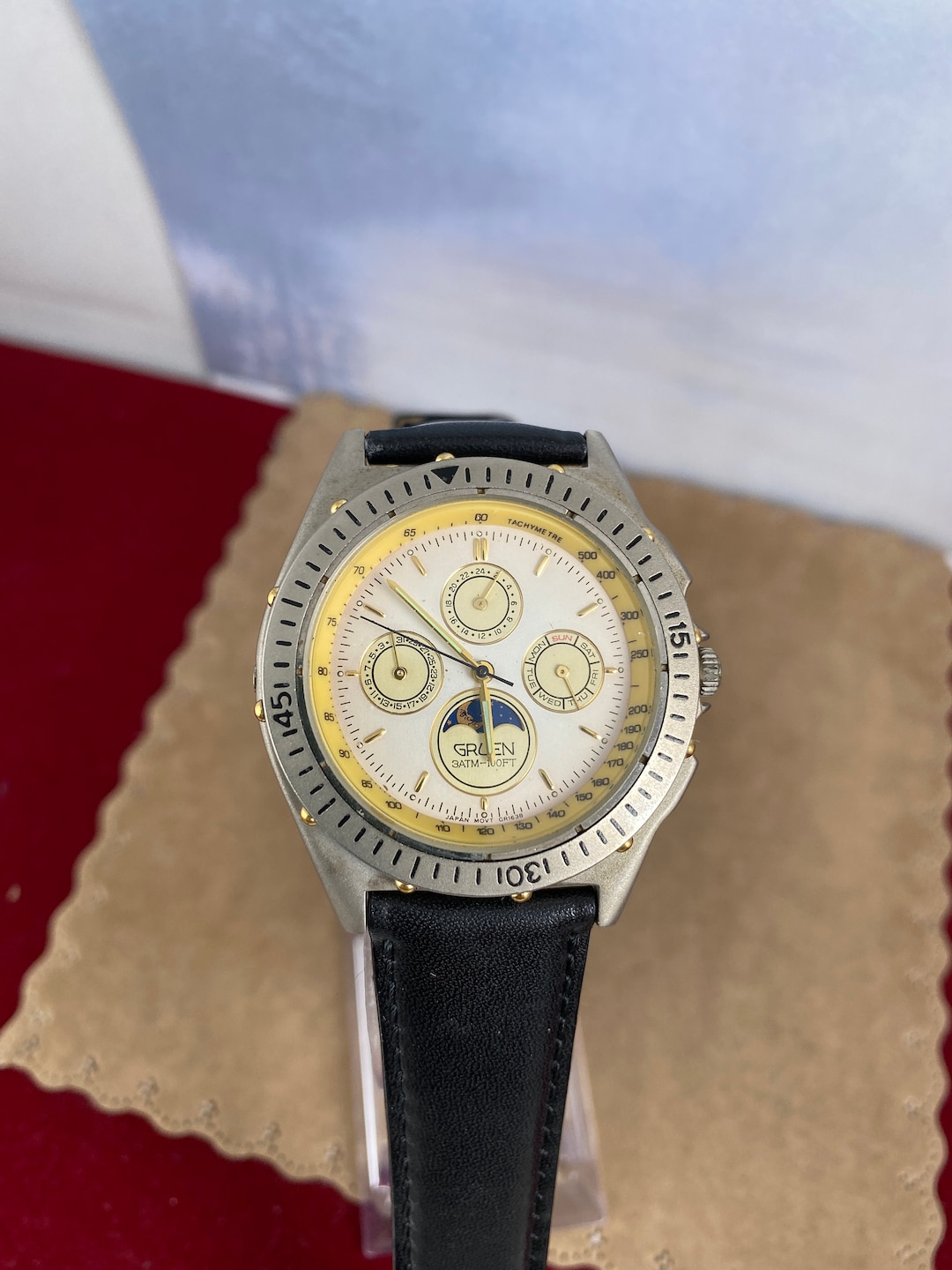 Vintage Gruen Two-tone Moonphase Quartz Watch With Leather Strap