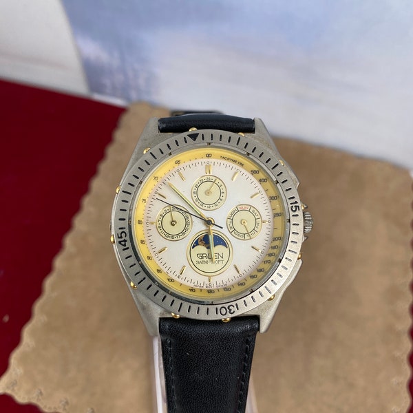 Vintage Gruen Gold 2 Tone Moonphase 4 Station Quartz Watch 1.75 inch in diameter new 9 inch leather Strap