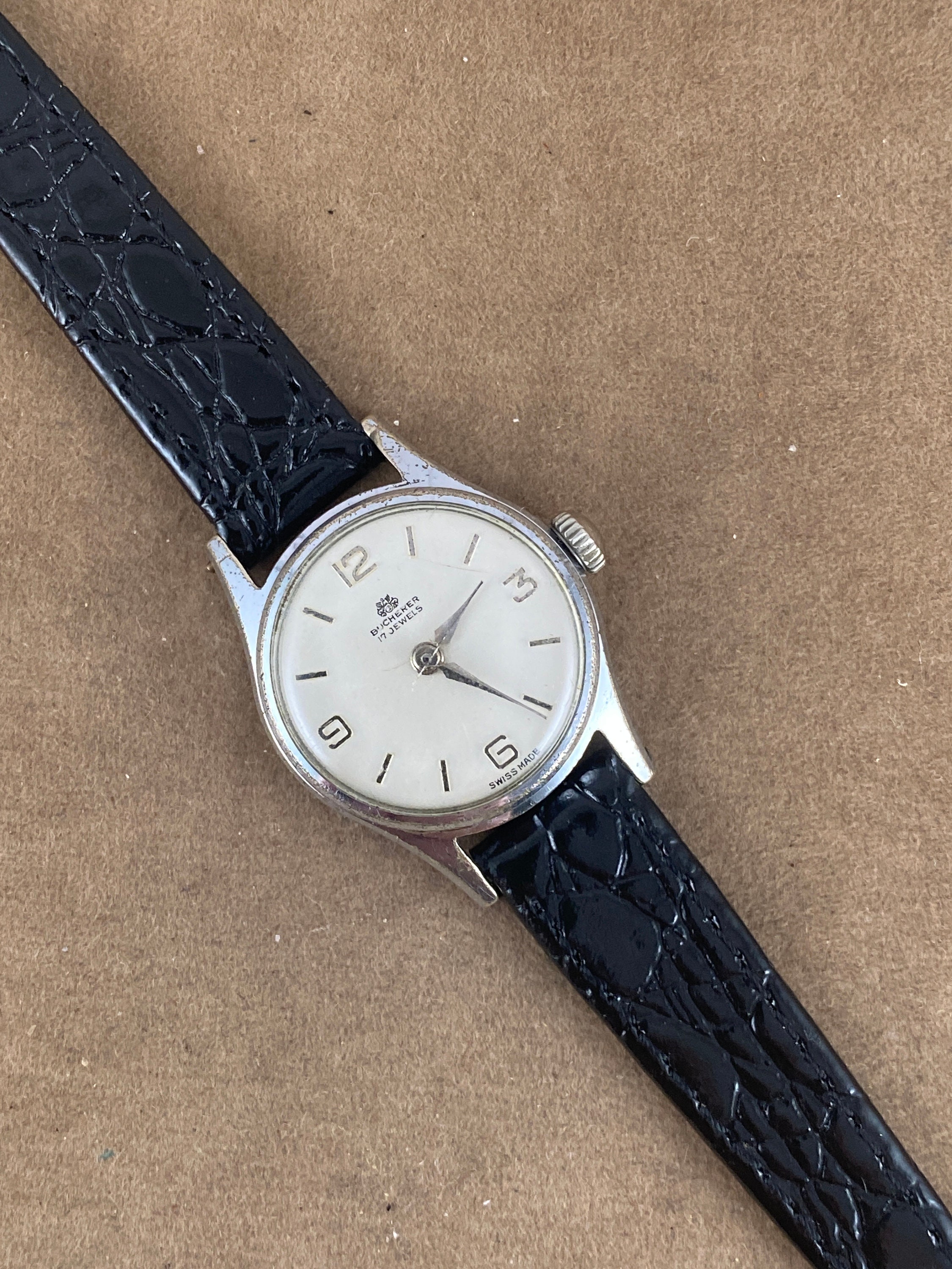 BUCHERER ヴィンテージ腕時計 Vintage Bucherer Mens Watch 29mm Blue Dial Silver Tone Stretch