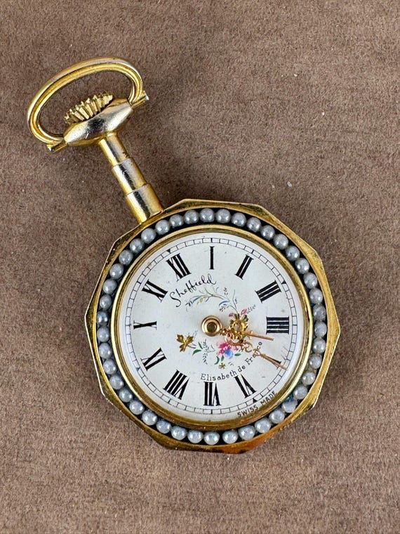 Vintage Sheffield Swiss Pendant Watch: Pearl Bezel, Gold