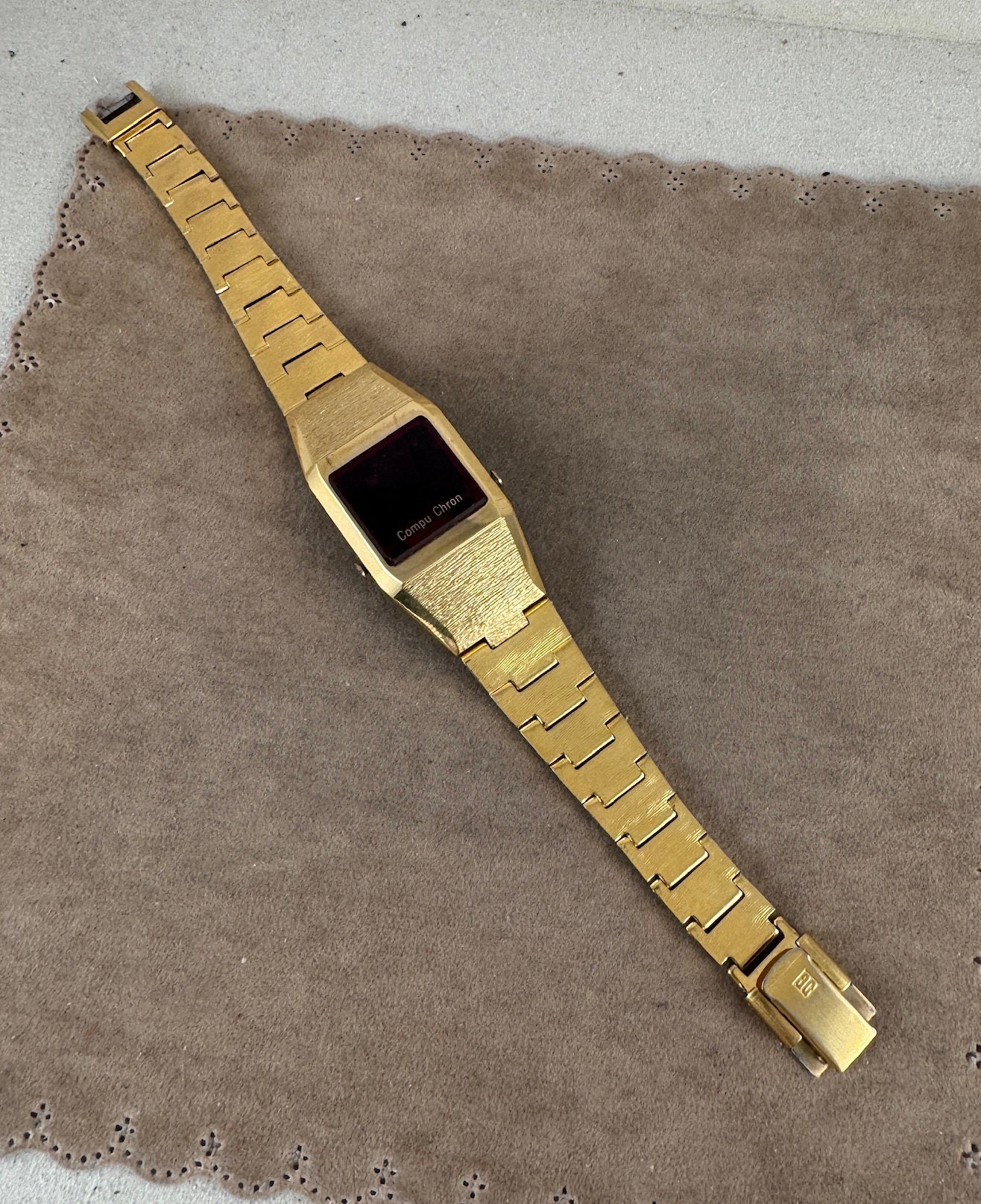 Vintage Compu Chron Red LED Wristwatch 14 Karat Gold Electroplated Stainless Steel Back