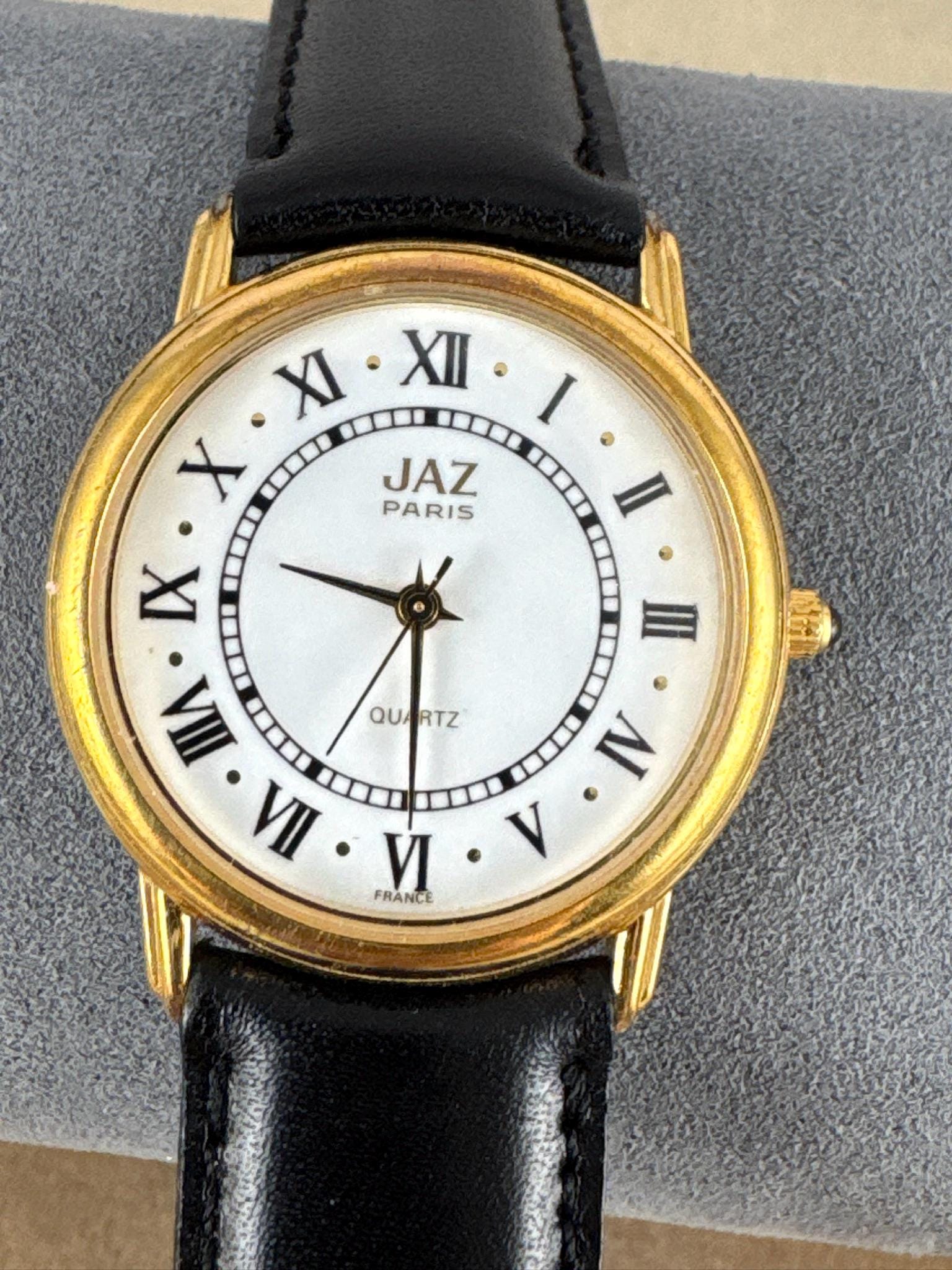 Vintage Jaz Paris Watch: Gold Plated, Black Leather Strap 