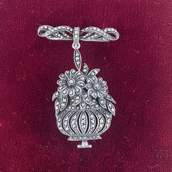 Vintage 1930's Bucherer Swiss Silver Marcasite Floral Brooch Watch