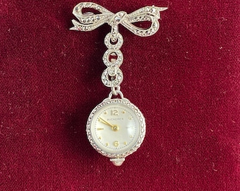 Vintage 1940&#39;s C Bucherer Marcasite Ball Watch Ladies Broach Pin Swiss Made 17 Jewels Watch Euro  0.800 Swiss Silver and Marcasite