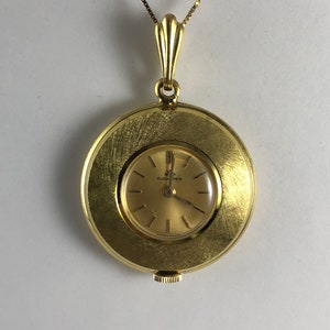 Vintage Bucherer 17 Jewel Enamel Gold-Tone Pendant Watch Wind Up in Running Condition Green Floral Enamel on Reverse