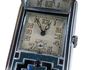 Vintage 1920s Art Deco Blue and Black Enamel Pop-Up Watch Nickel Chrome Silver Tone Purse or Pendant Watch