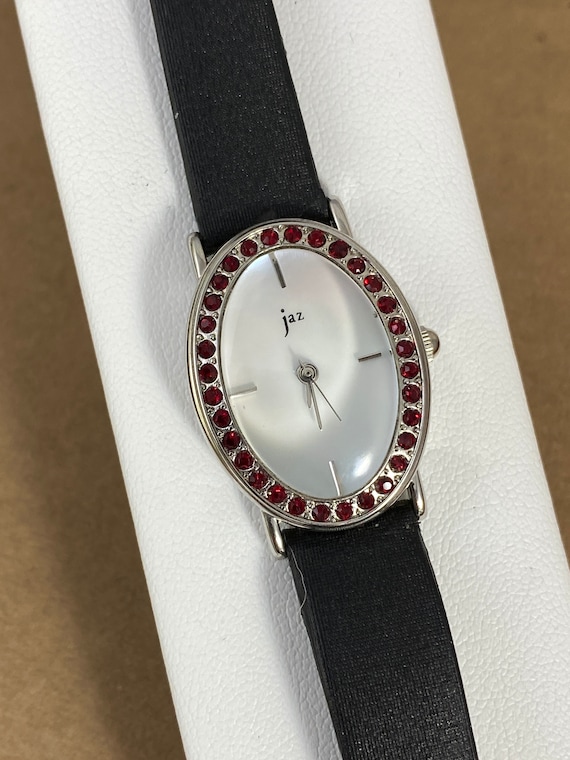 Vintage JAZ Paris Watch: Red Crystal Bezel, Black Suede  display picture 3
