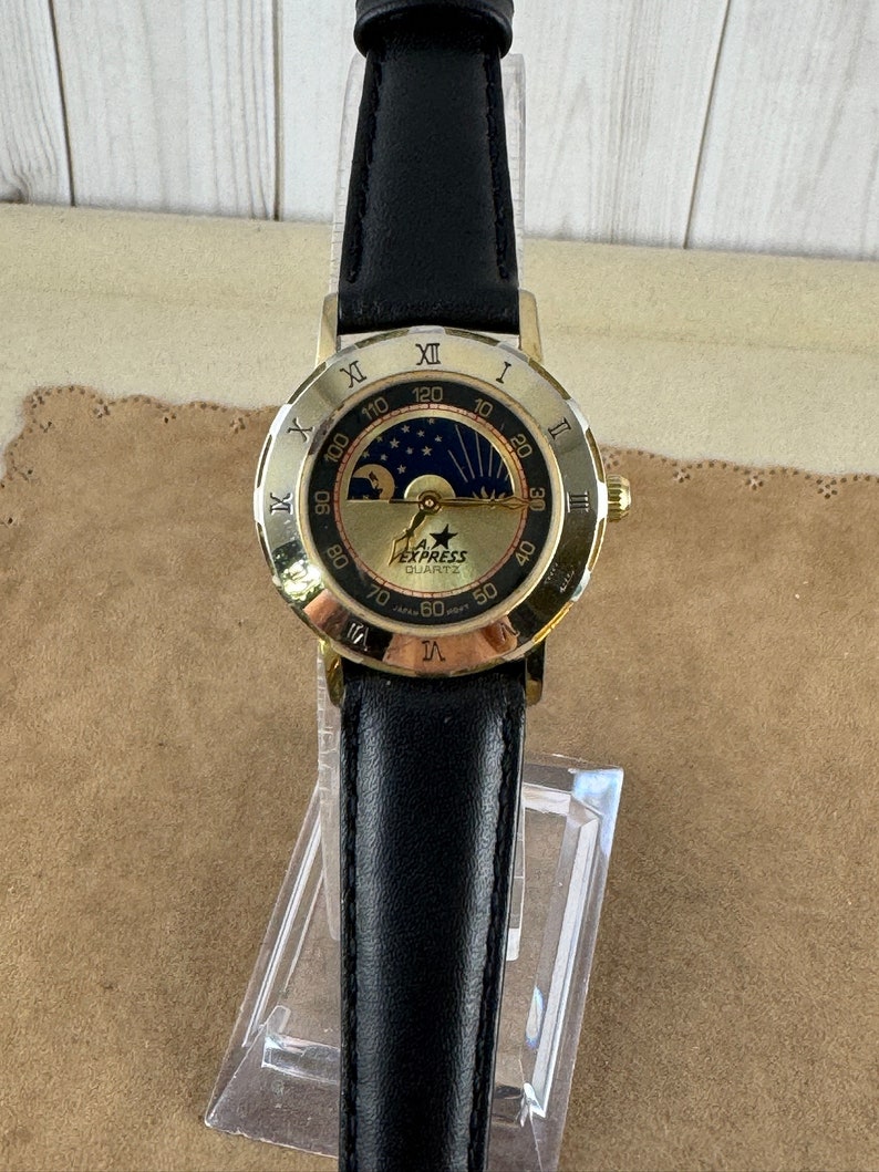 Vintage LA Express Gold tone moonphase watch with Roman Numerals image 2