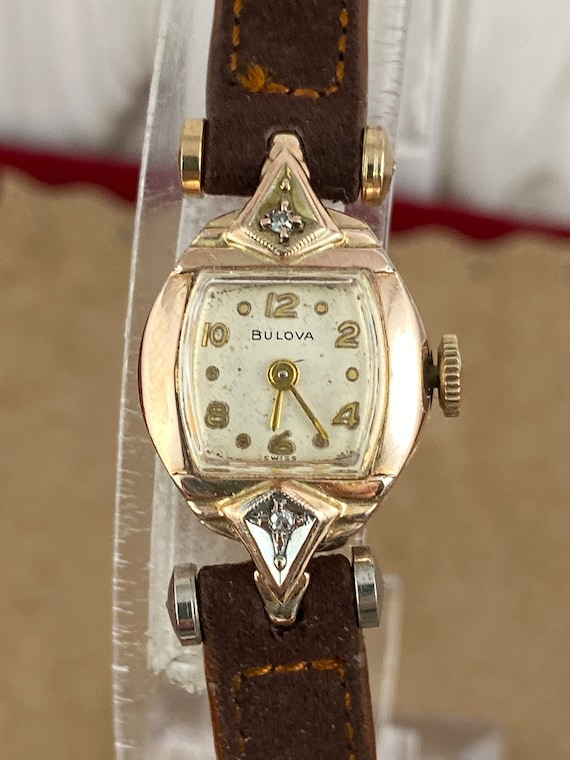 Vintage 1940's Bulova 14K Rose Gold Filled 2 Diam… - image 2