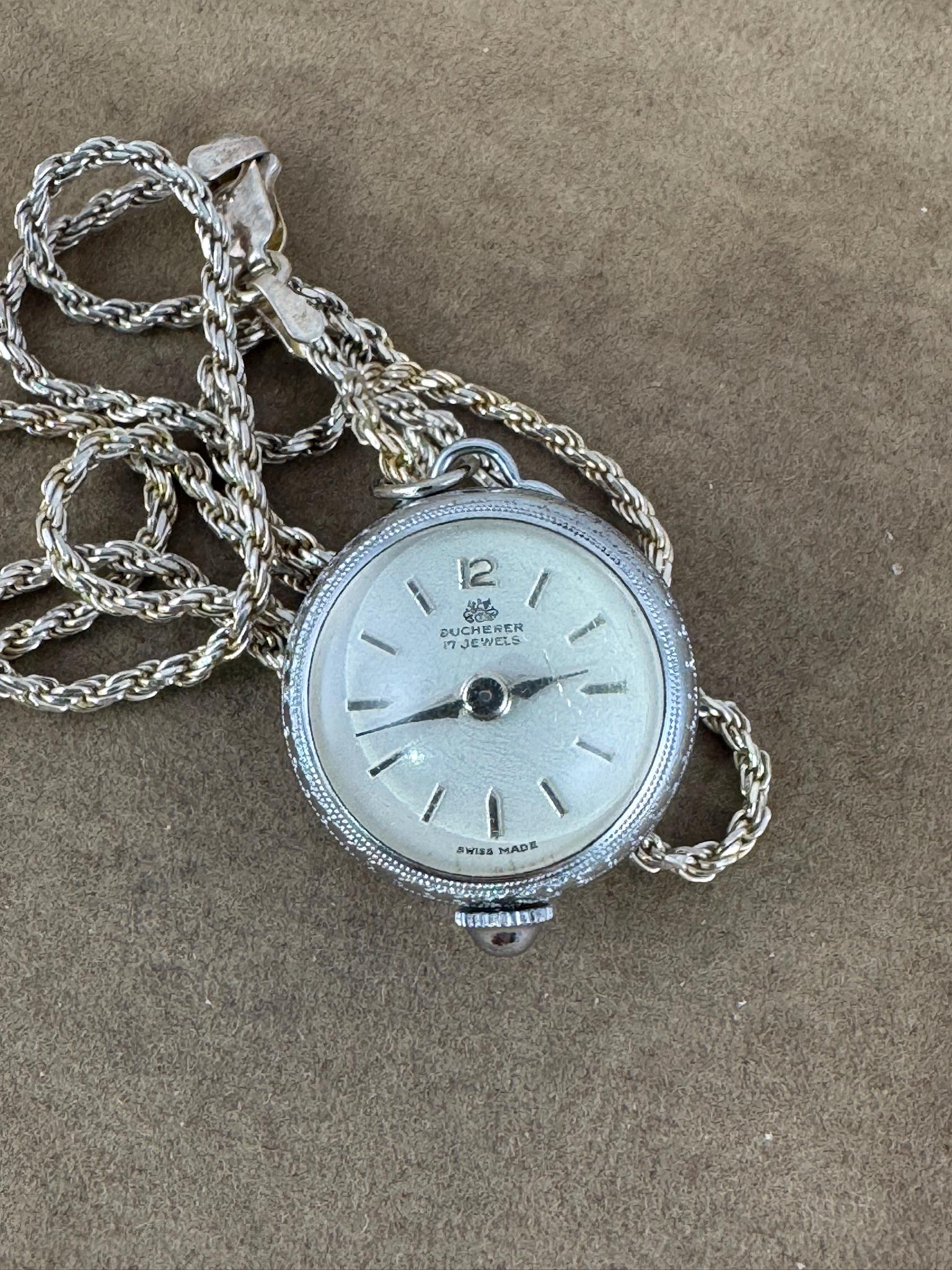 Vintage Bucherer Swiss .800 Silver Orb Pendant Watch With Sterling
