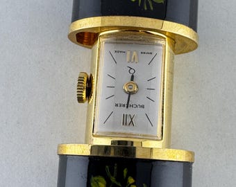 Vintage Bucherer Swiss Watch Pendant Necklace: Enamel Floral, Gold Vermeil Sterling Silver Chain