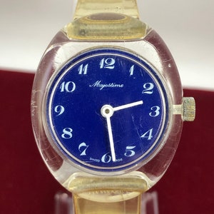 Montre vintage pour femme Majestime des années 1960, fabrication suisse, 1 bijou, mouvement manuel, cadran bleu vif