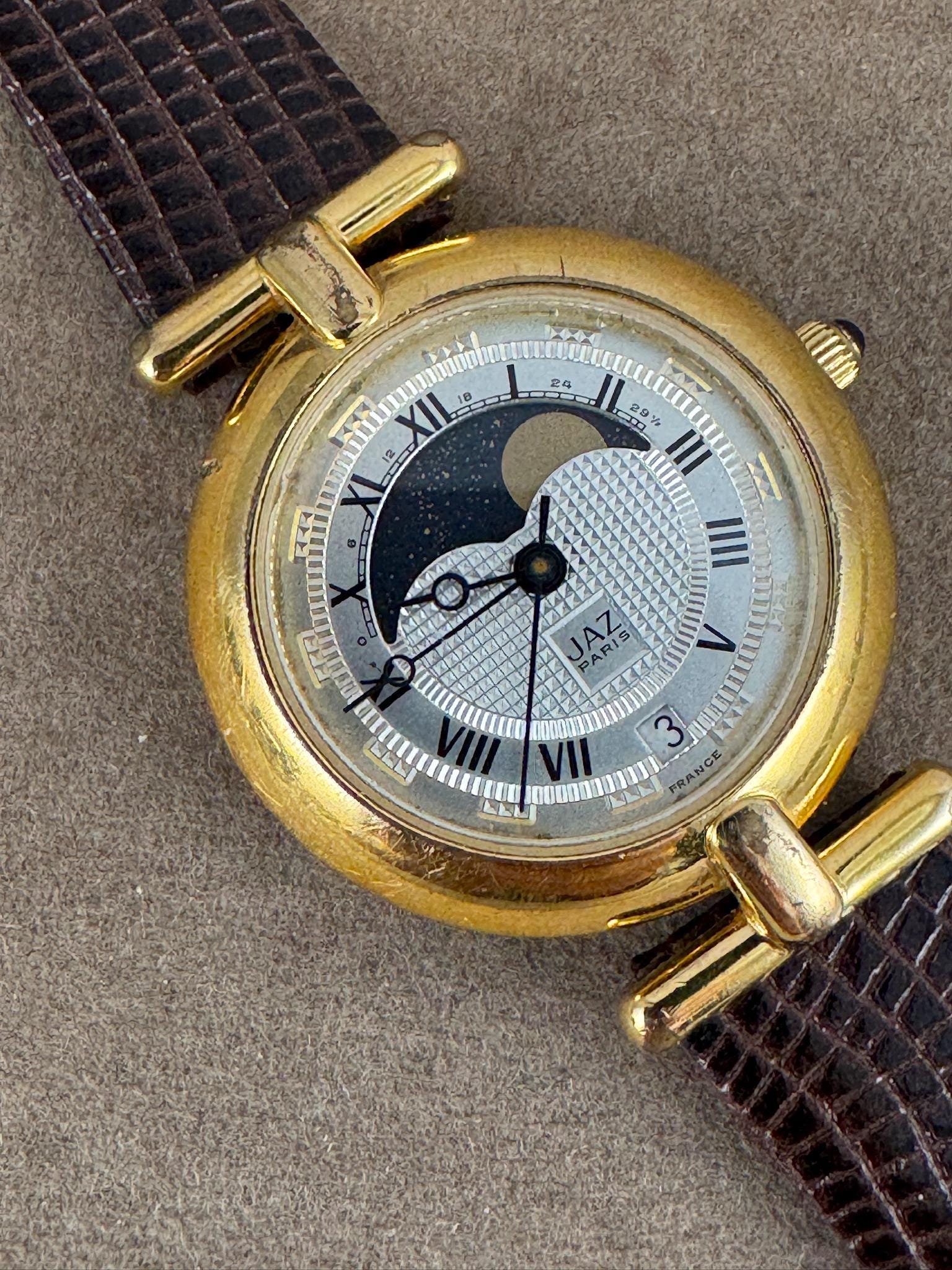 Vintage Jaz Paris Moonphase Watch: 18K Gold Plated, Brown  display picture 2