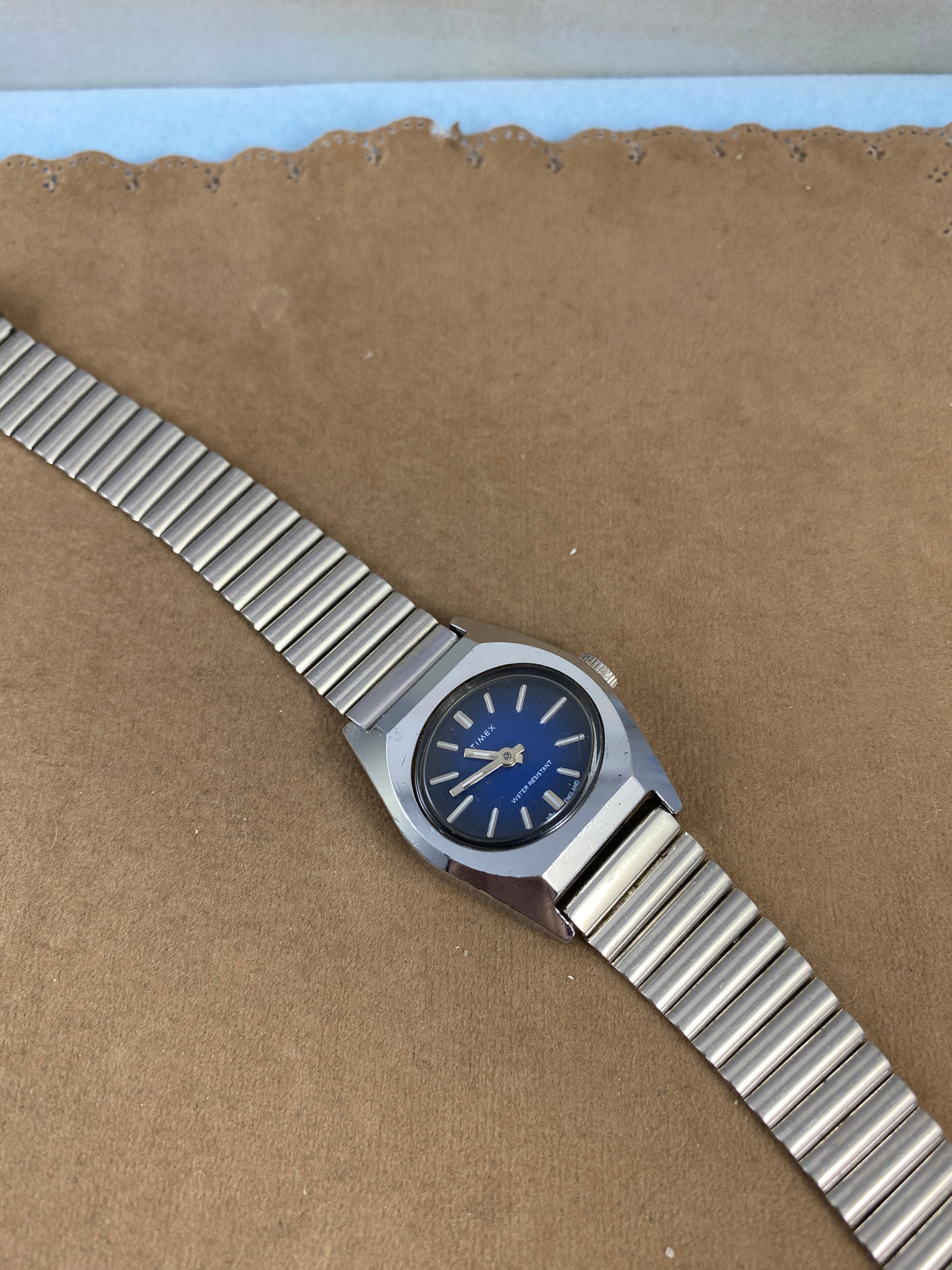 Vintage Timex Blue Dial Silver Tone Base Metal Bezel, Oval