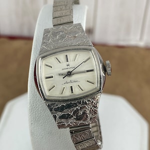 Vintage 1970&#39;s Early Hamilton Swiss Electronic Watch Movement  Case is 10K White Gold Rolled White dial 7 inch Narrow Mesh Bracelet