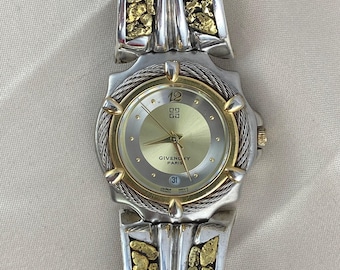 Zegarek vintage Givenchy Paris: Bransoleta z bryłek złota 23K, stal nierdzewna