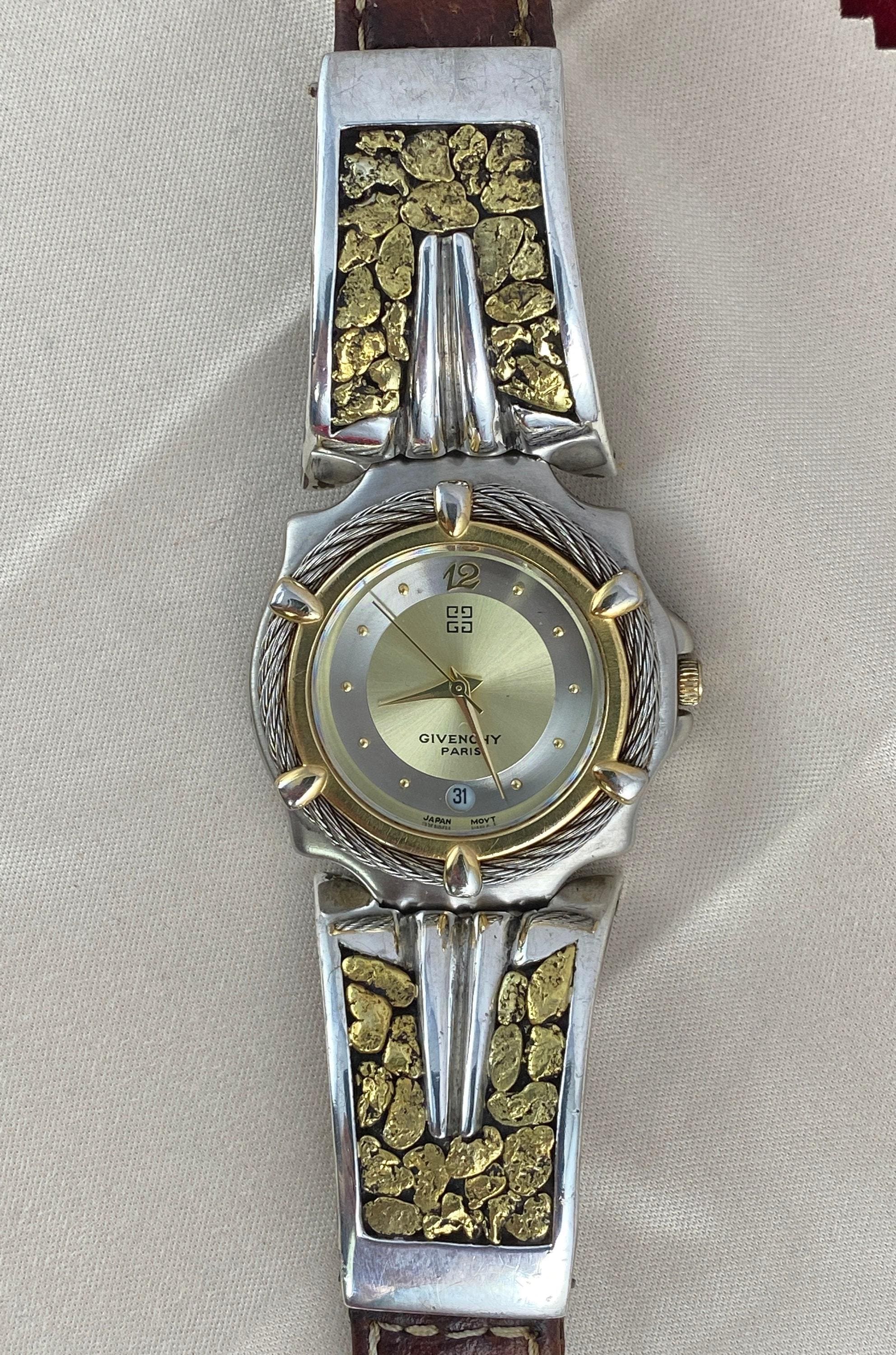 Vintage Givenchy Paris Watch: 23K Gold Nugget Bracelet, Stainless