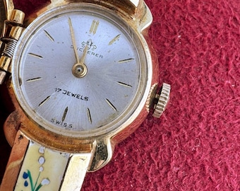 Vintage 1950s Bucherer Swiss Floral Enamel Cuff Watch