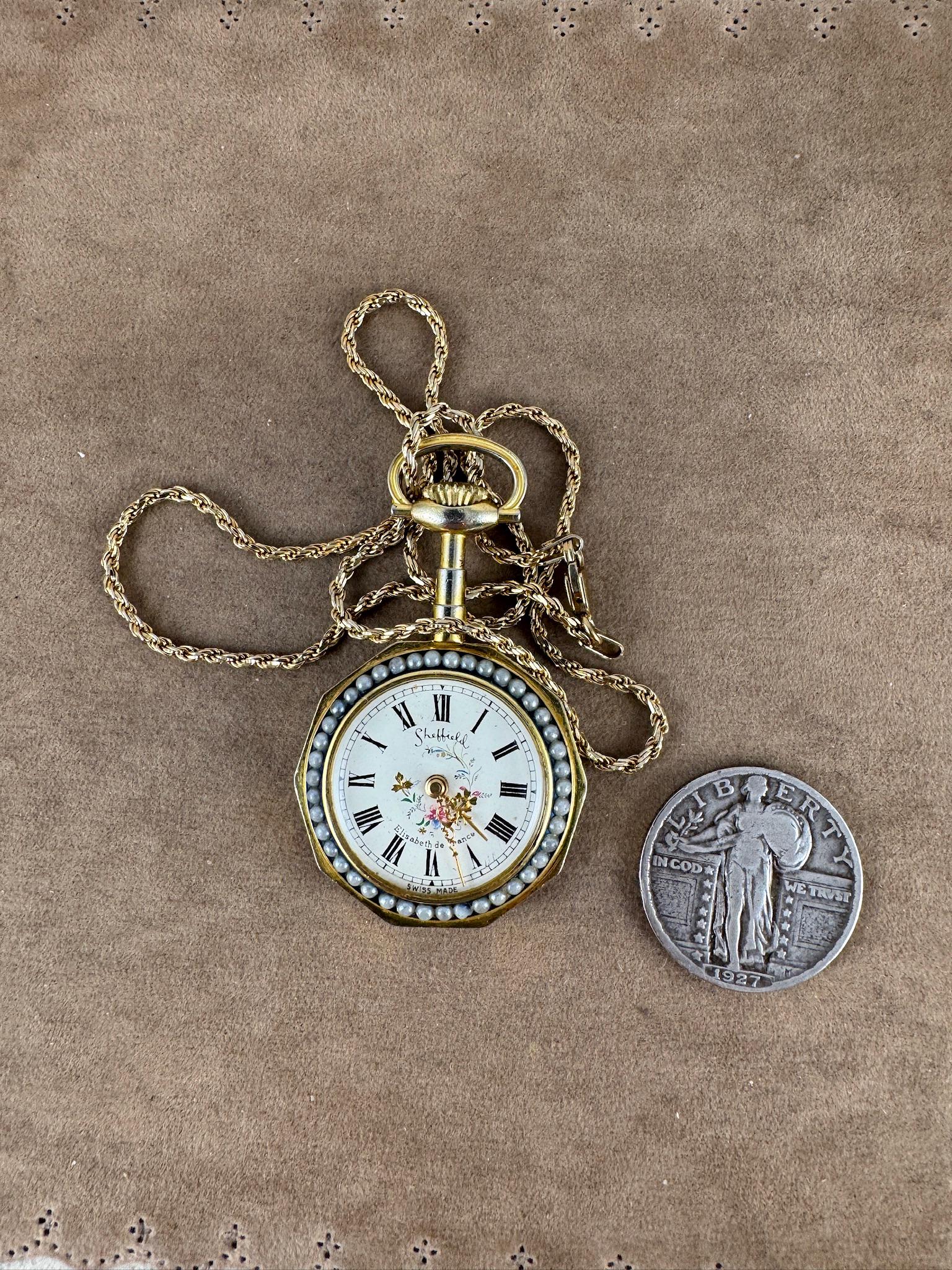 Vintage Sheffield Swiss Pendant Watch: Pearl Bezel, Gold