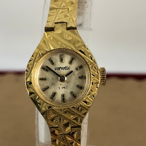 Very Rare Vintage Corvette 17 Jewels Swiss Made Gold Plated Watch Mich Brocaded Mechanical Hand Wind Watch