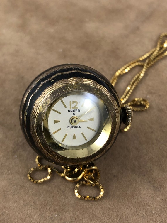 Vintage Anker Black Enamel Gold Tone Metal Ball Pendant Watch - Antique Ball Watch Pendant Vintage Anker Black Enamel Gold Tone Metal Ball Pendant Watch - Antique Ball Watch Pendant