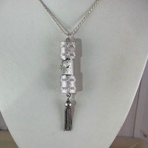 Vintage Bucherer Peek a Boo Slide Watch Pendant Necklace Exquisite Swiss Silver Tone with 30 Inch 925 Silve Rope Necklace Chain