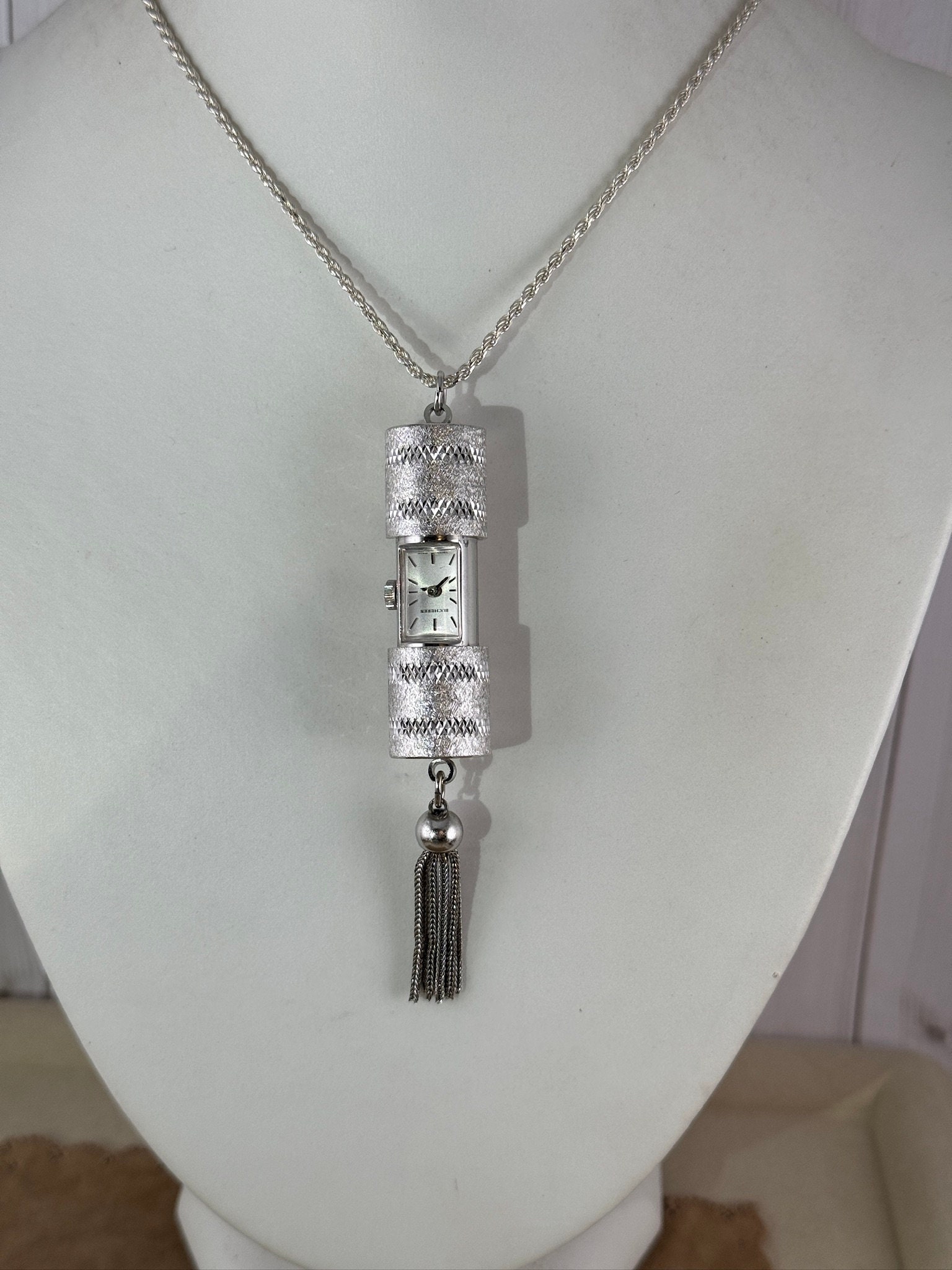 Vintage Bucherer Swiss Quartz Pendant Peek a Boo or Slide Watch Vintage Bucherer Swiss Watch Pendant Necklace: Silver Tone  main image 3