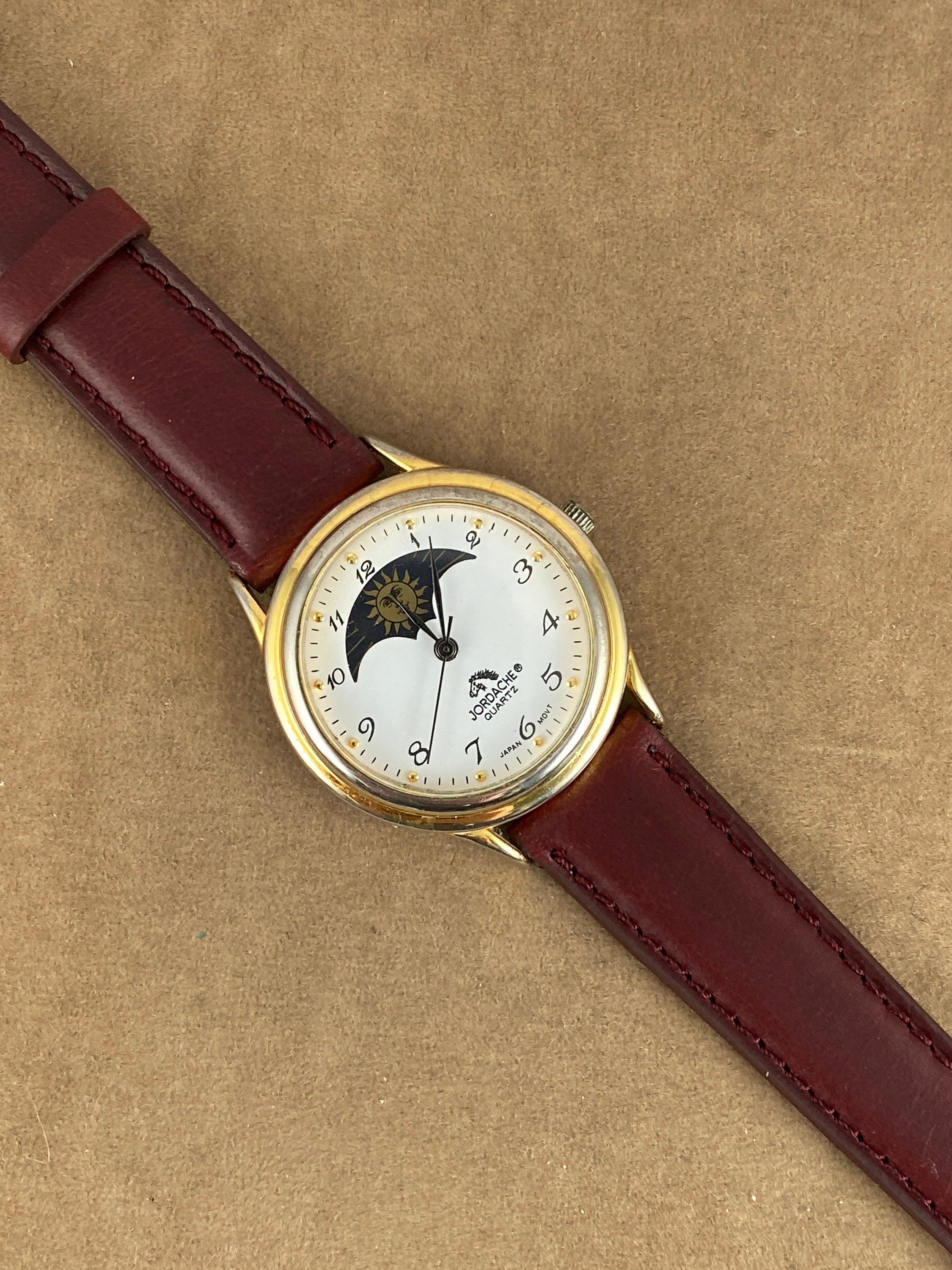Vintage Jordache Moon Phase Watch Gold Plated Mineral Crystal