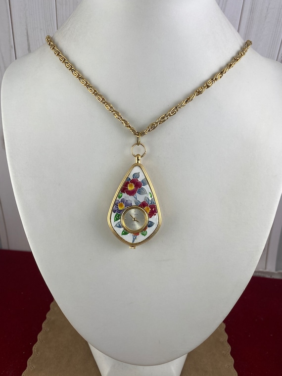 Details Womens Watch 22mm Gold Tone Floral Enamel Pendant Necklace New Battery Vintage Floral Enamel Watch Necklace: 925 Gold Plated  main image 2
