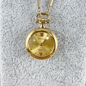 Vintage Bucherer Quartz Swiss Pendant Watch with Reverse in Red Enameled Gold Butterfly and Floral Design with 30 Inch Vermeil Necklace