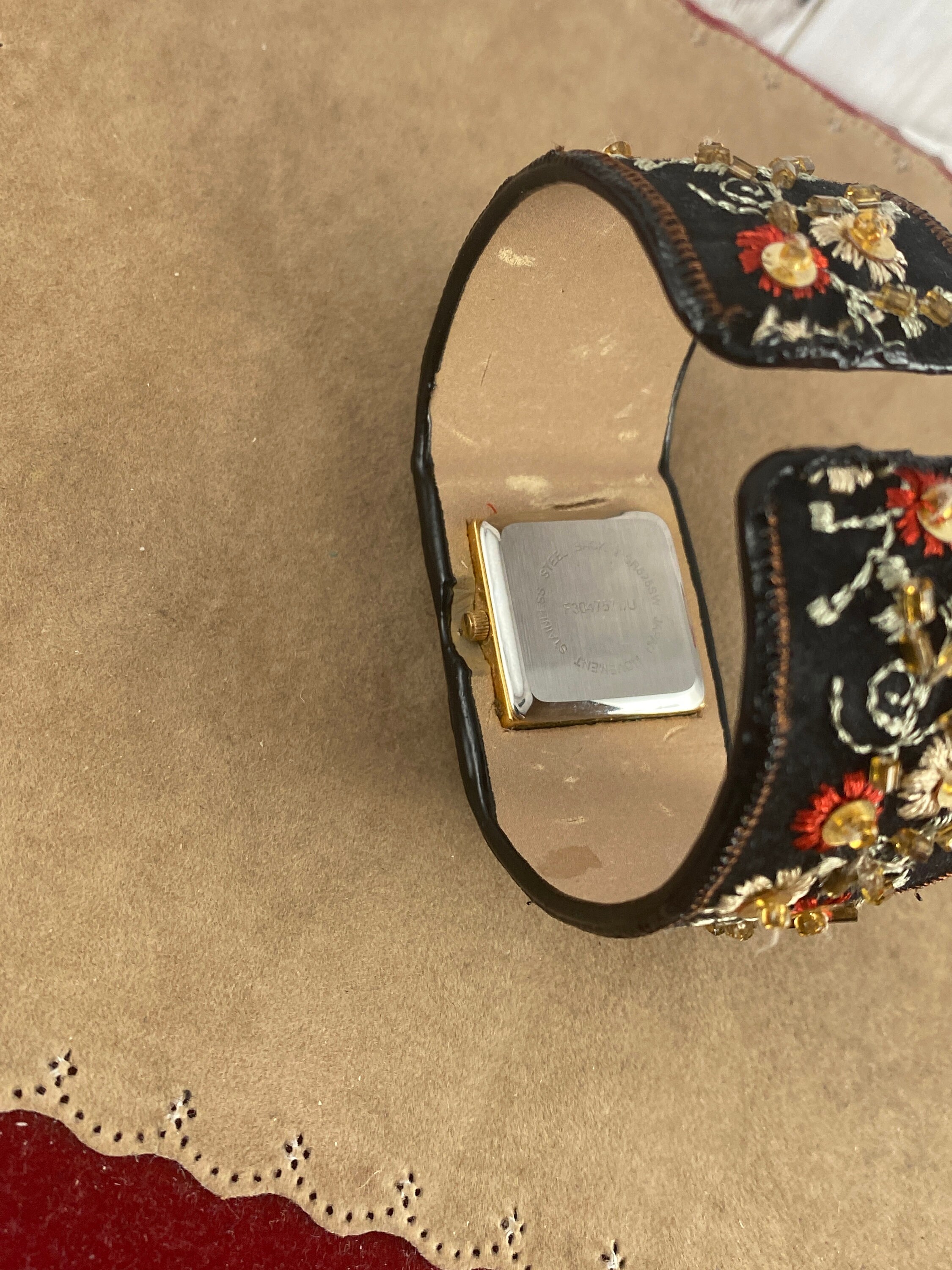 Vintage 90s Bohemian Embroidered and Beaded Cuff Bracelet  display picture 3