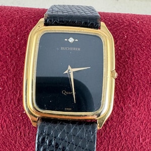 Vintage Bucherer Swiss Quartz Tank Watch Supper Thin 4.8MM 18K 10 Micron Gold Plated